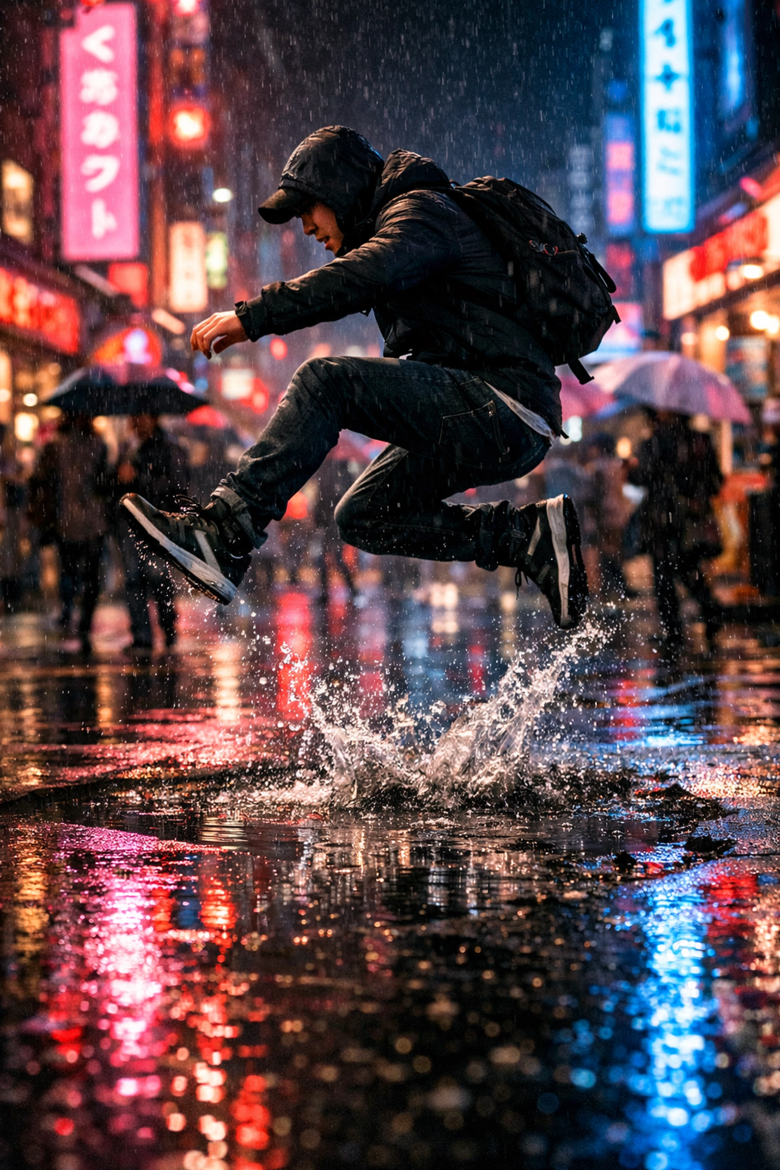 Sharp night photography shot using high ISO in manual mode to capture motion in a rainy urban street.