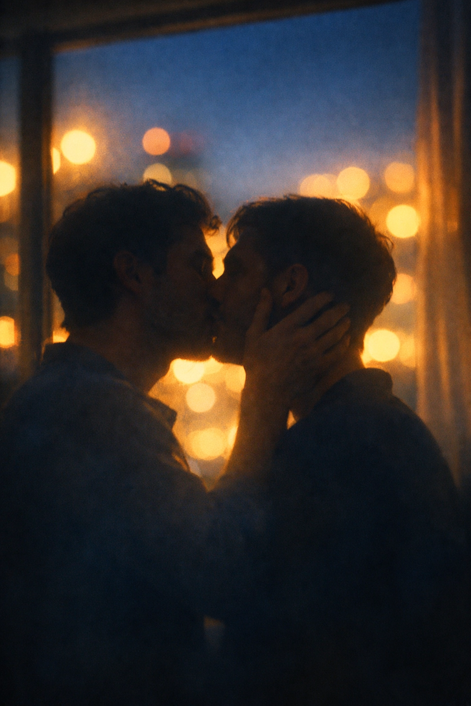 Two men sharing their first kiss exploring gay romance and connection