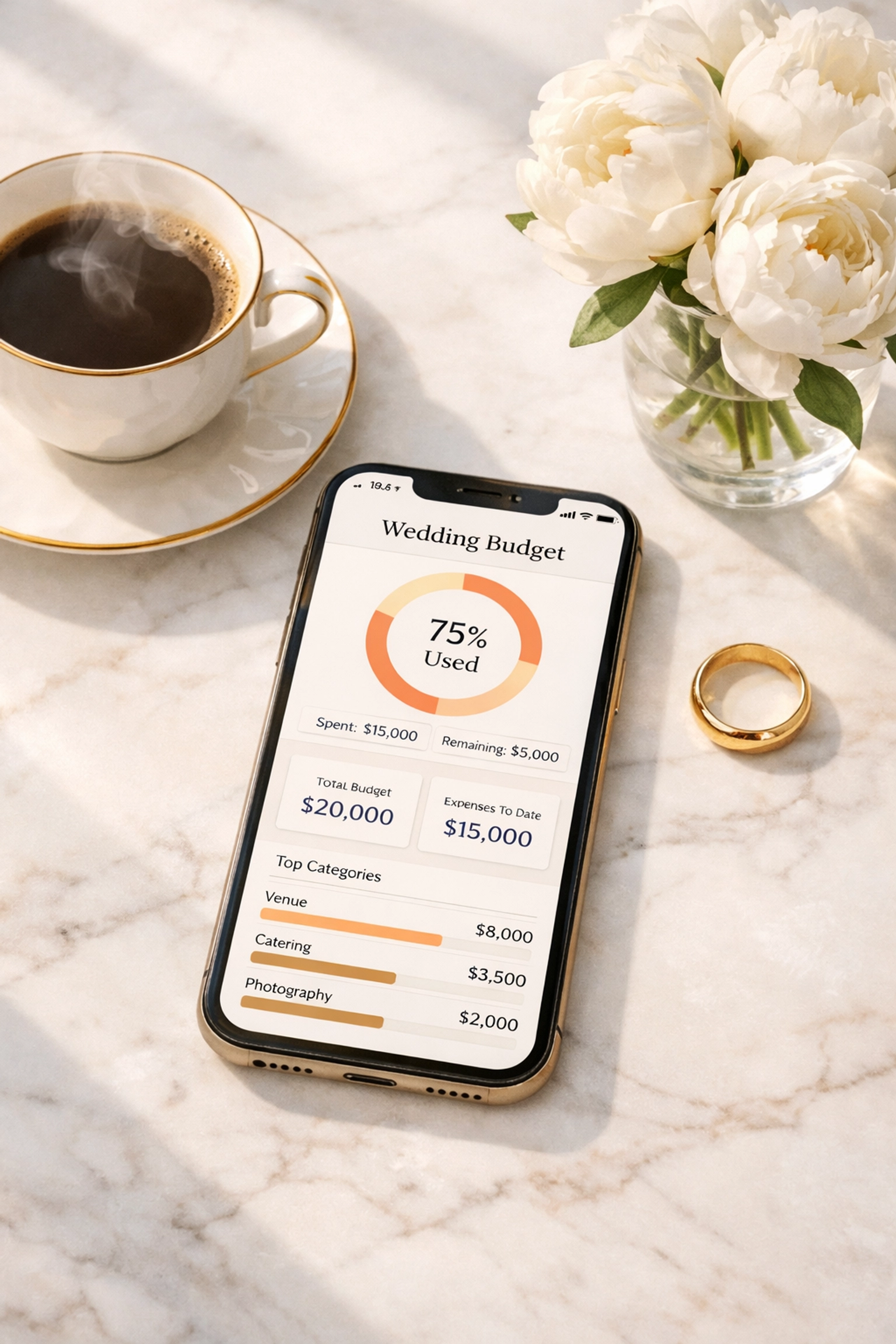 Wedding budget app on smartphone with morning coffee and rings showing digital RSVP dashboard