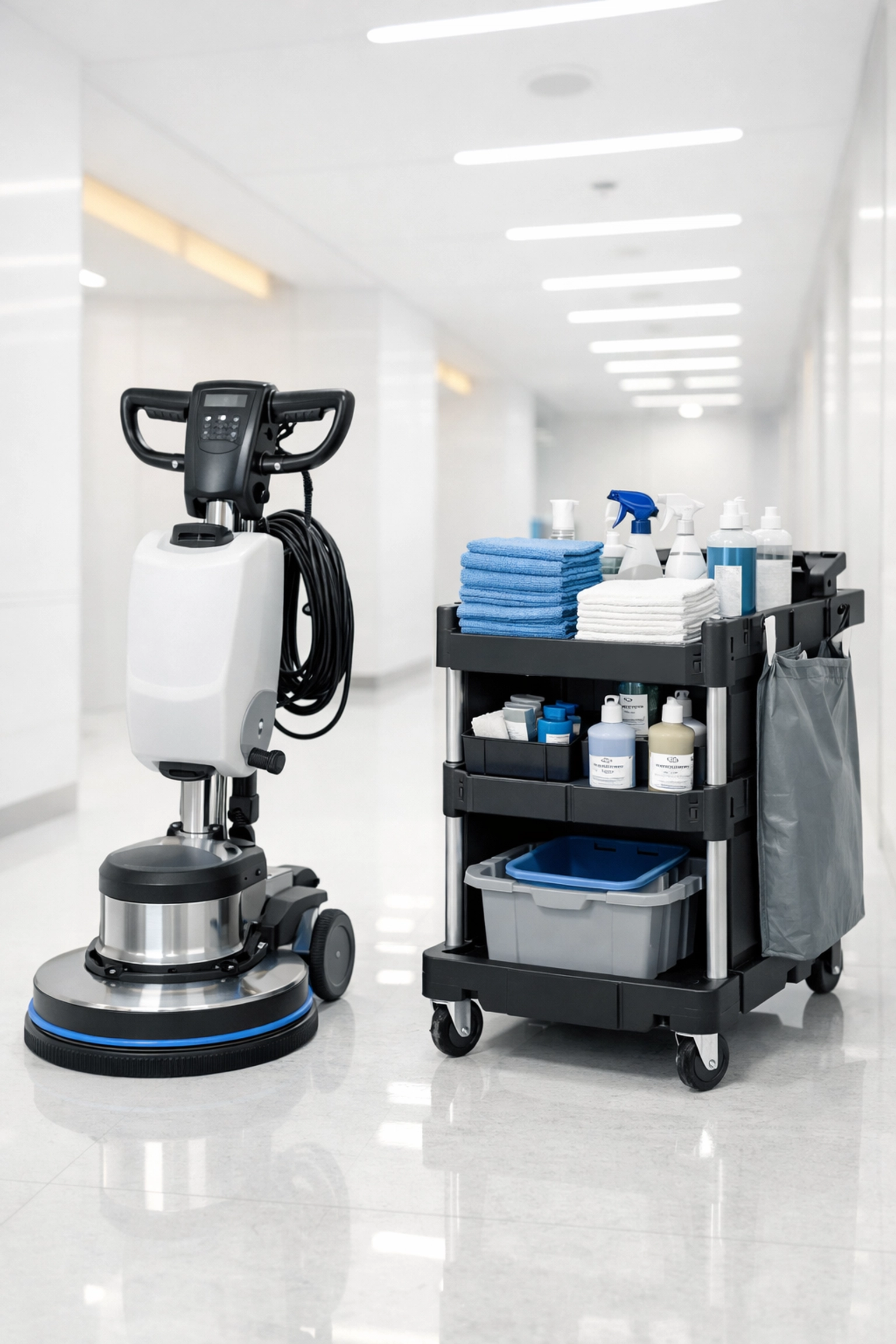 Advanced commercial cleaning equipment and supplies used for Salem hospitality cleaning services.