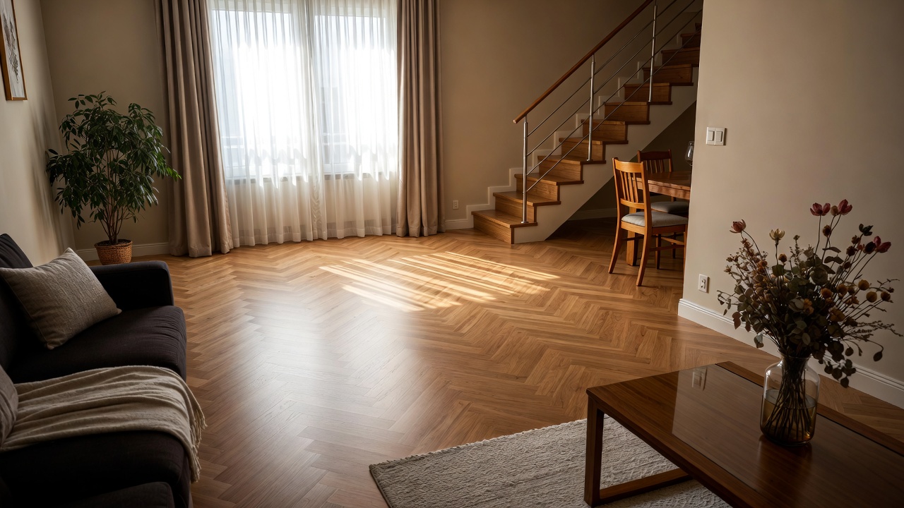 Modern Living Room with Herringbone Hardwood Floors