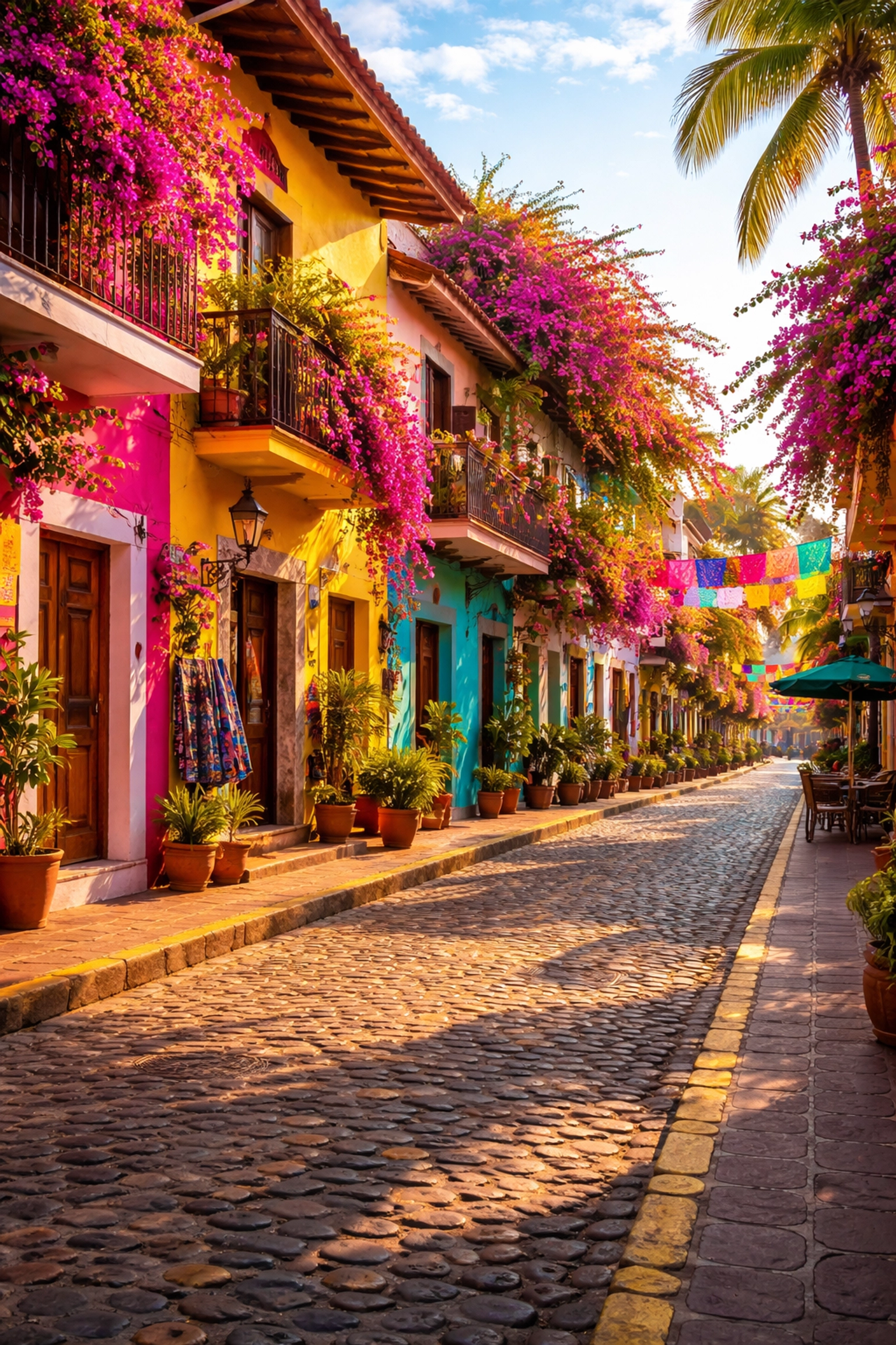 Colorful colonial buildings and cobblestone street in Puerto Vallarta's Zona Romantica, known for top coffee shops.