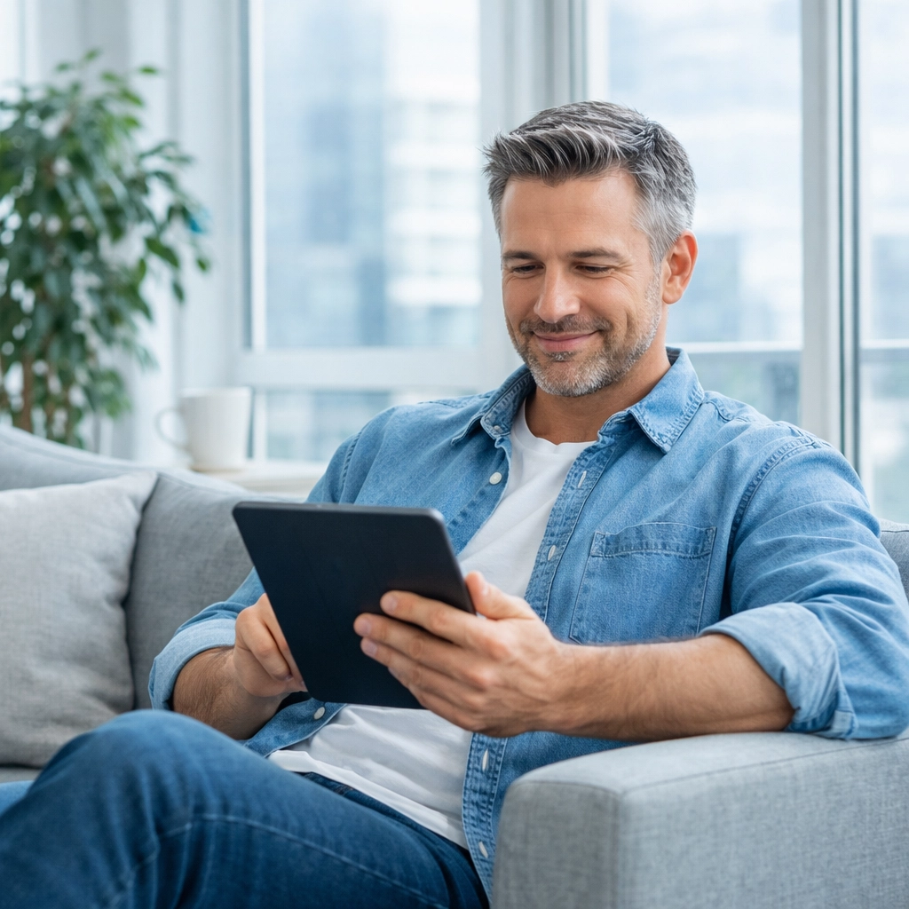 A relaxed person using a tablet to research a trustworthy provider for a quick loan in Canada.
