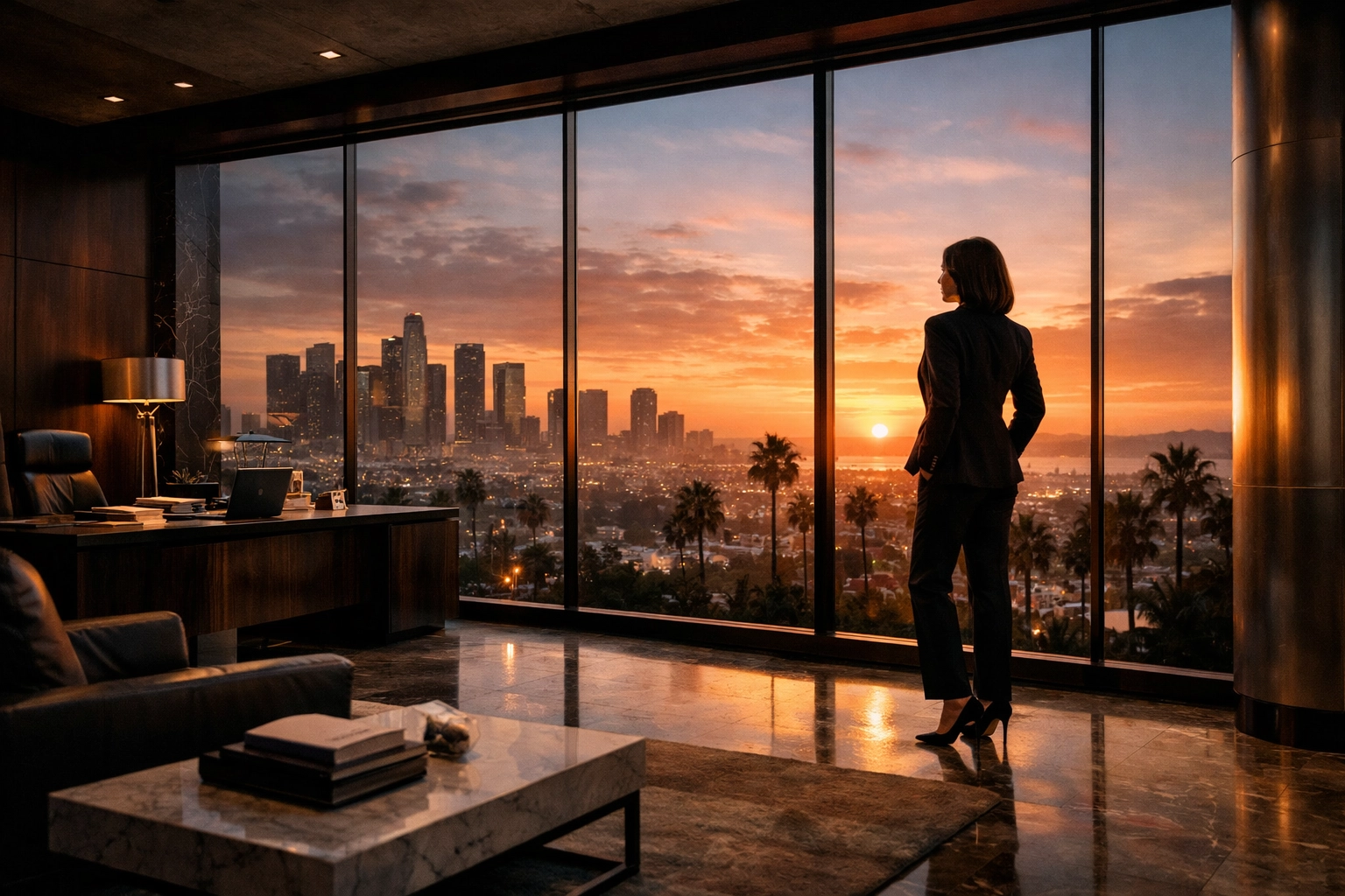 A successful Los Angeles entrepreneur overlooking the city skyline, representing digital credibility and business growth.