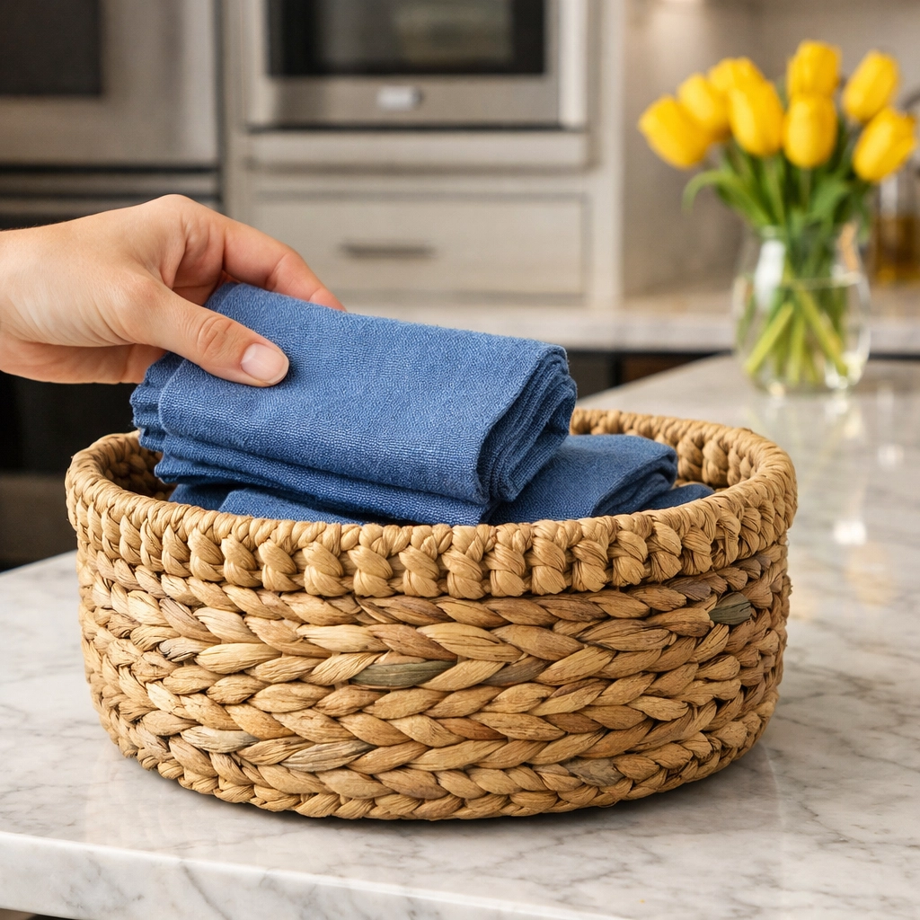 Folded reusable cotton rags in a basket on a clean kitchen counter for sustainable cleaning.