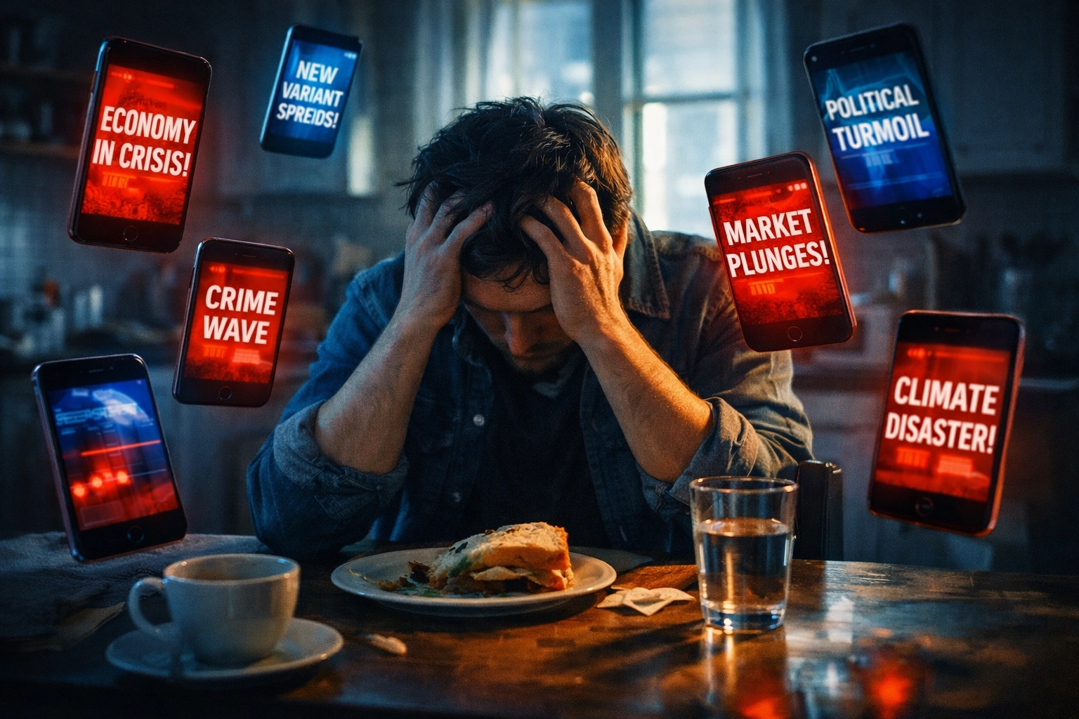 Overwhelmed person surrounded by news notifications showing anxiety from constant headline consumption