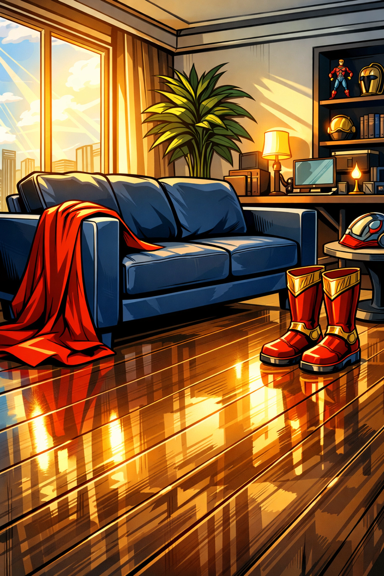 Comic-style living room in Winsted CT real estate featuring new vinyl flooring and superhero decor.