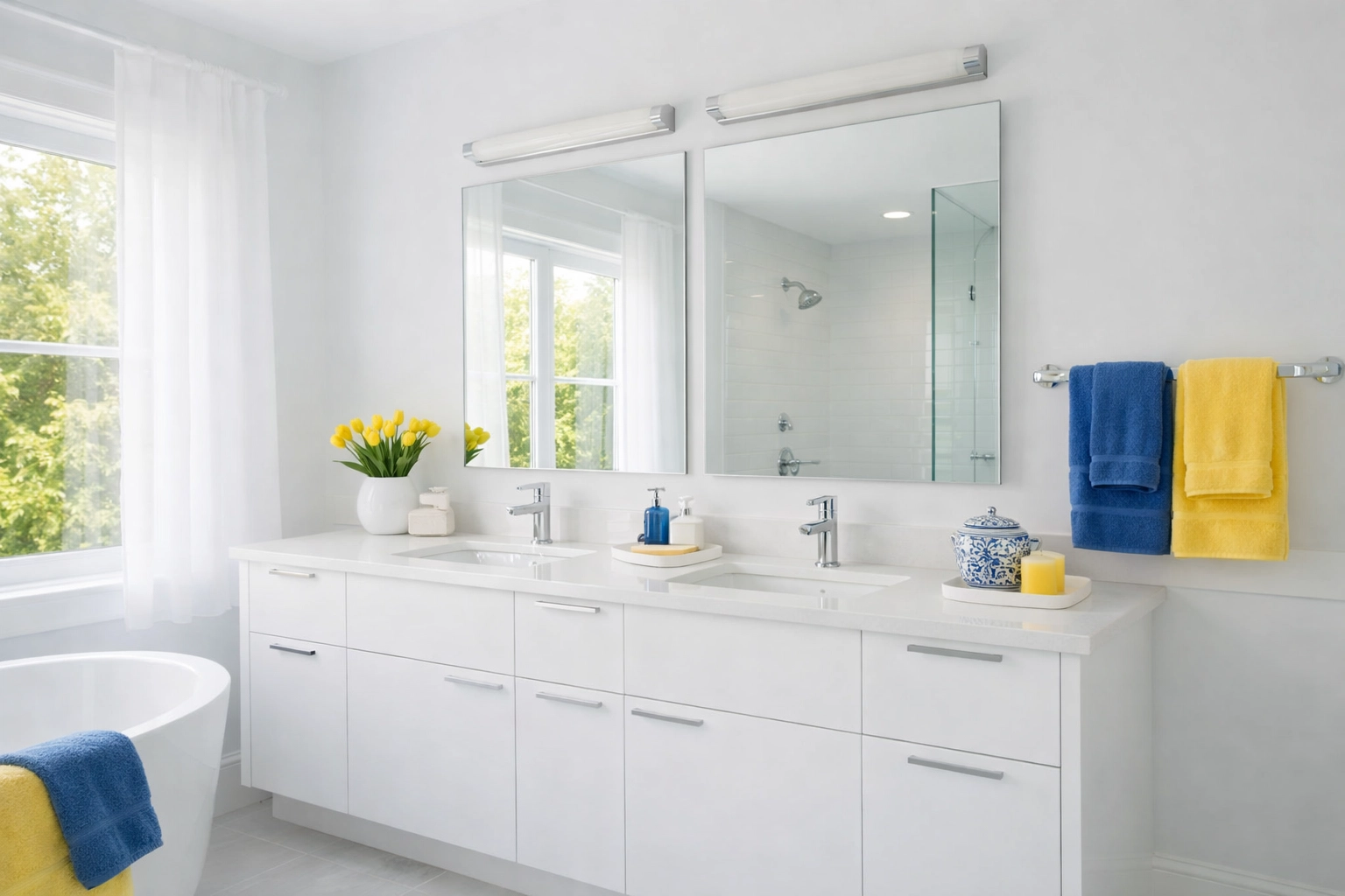 A spa-like bathroom vanity with white surfaces and subtle blue and yellow accents.