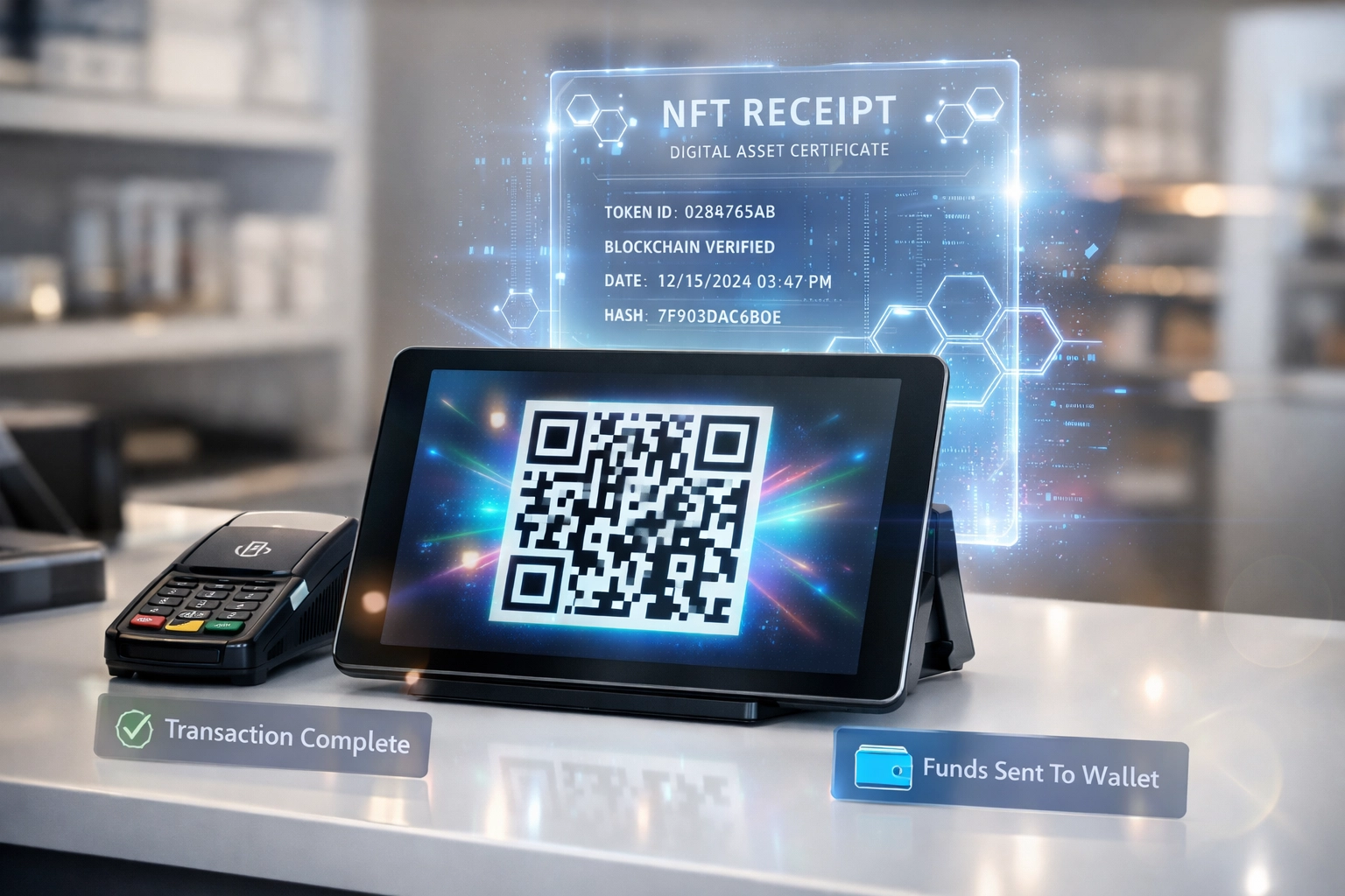 Modern crypto POS system with QR code payment and NFT receipt for LUSD transactions