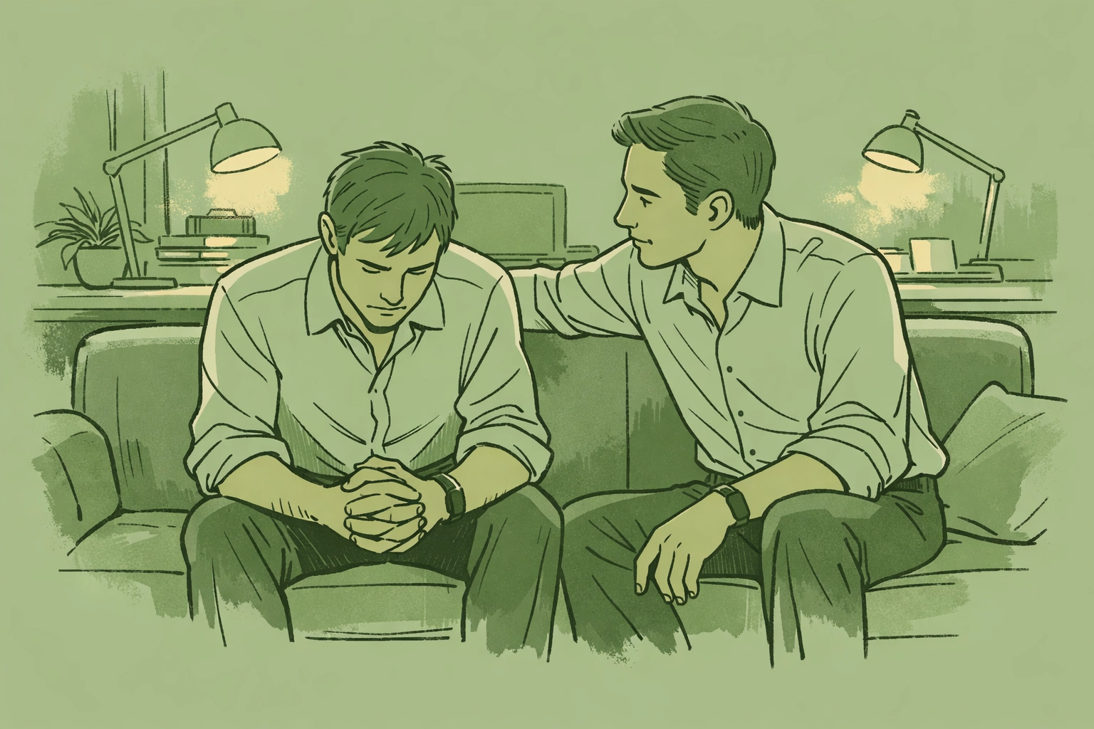 Gay men having supportive coming out conversation in office, workplace allies and trust