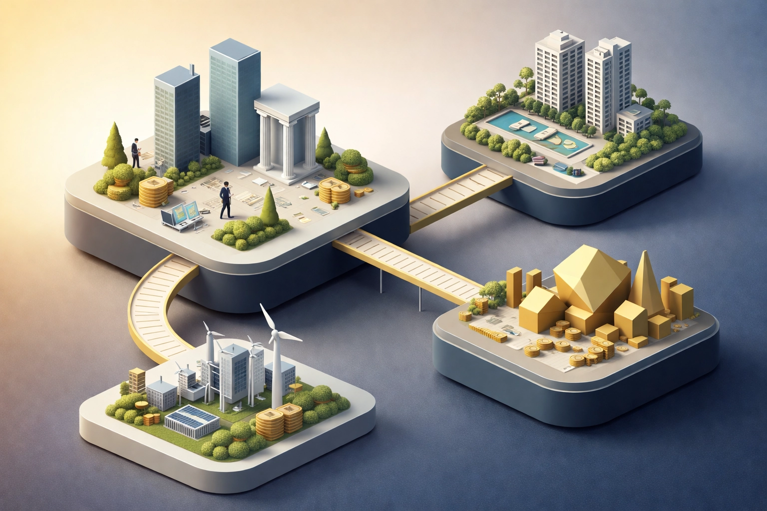 Interconnected platforms illustrating a diversified 40/30/30 investment portfolio with equities, bonds, and alternative assets