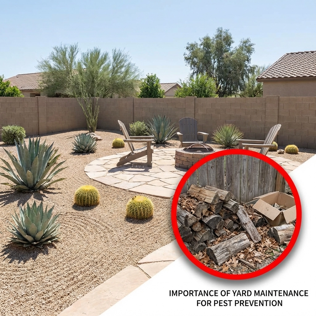 Clean Arizona backyard with gravel landscaping and trimmed plants to prevent scorpions hiding in outdoor clutter.
