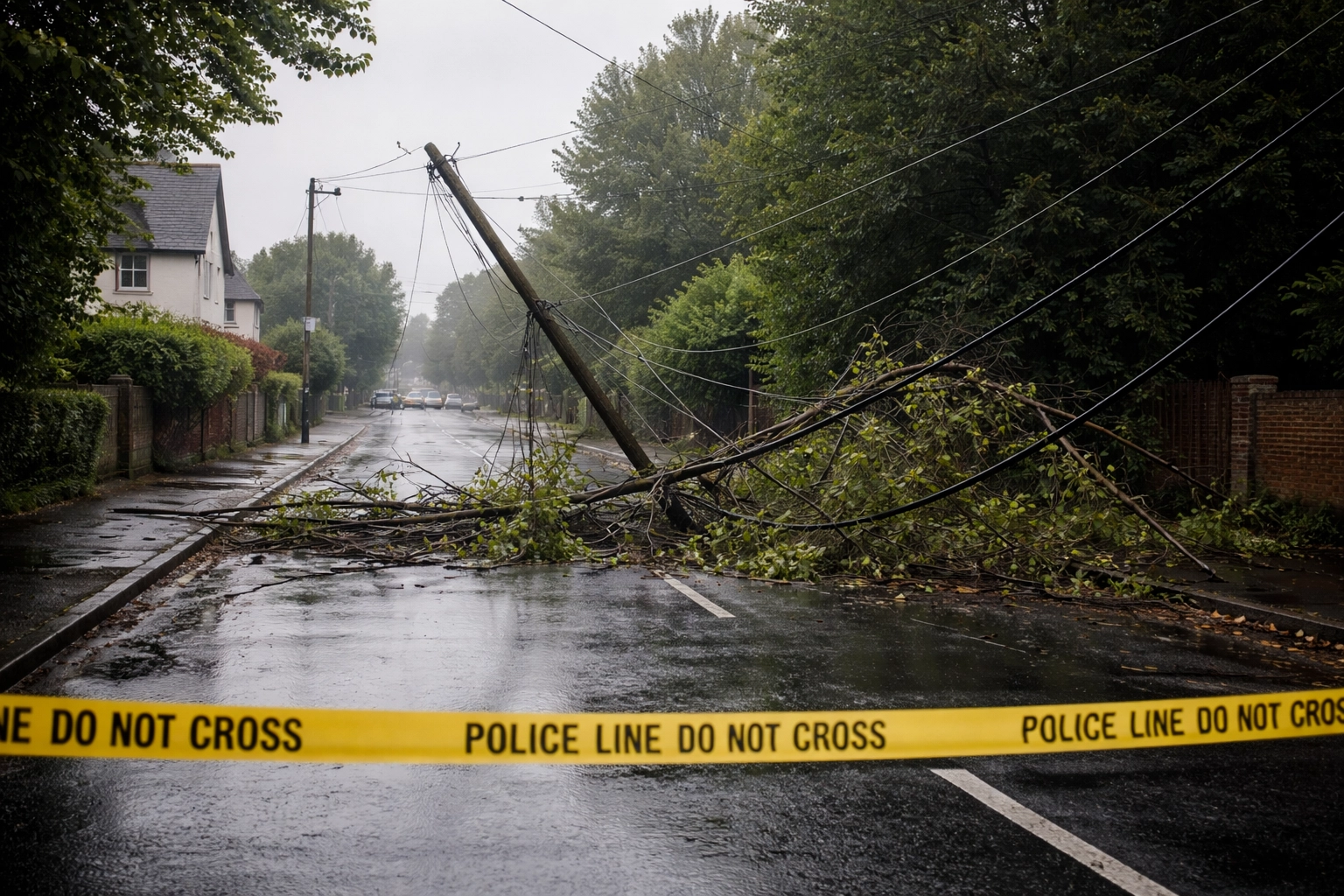 Downed power line tangled in tree branches on a UK residential street after storm damage