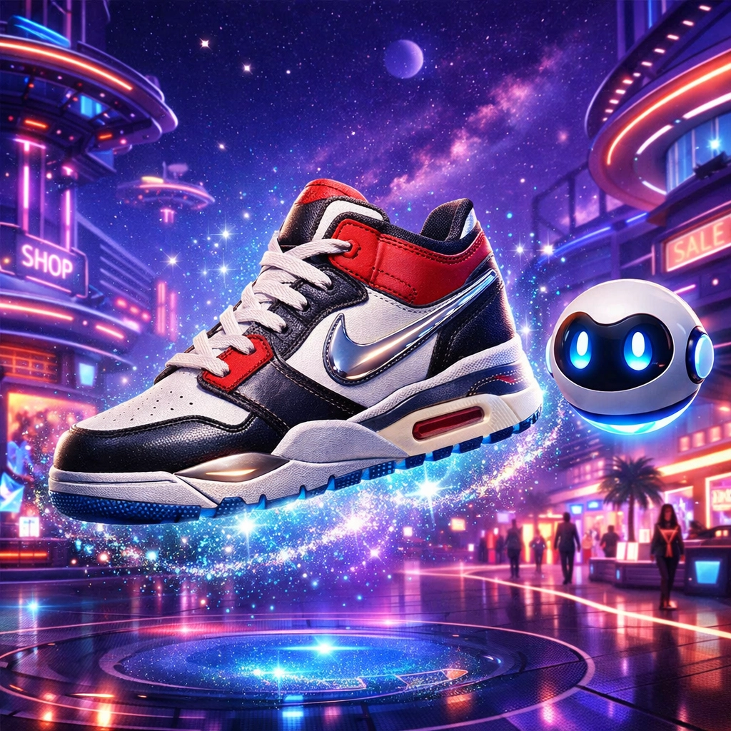 Immersive metaverse shopping experience with an AI assistant and 3D products in a digital boutique.