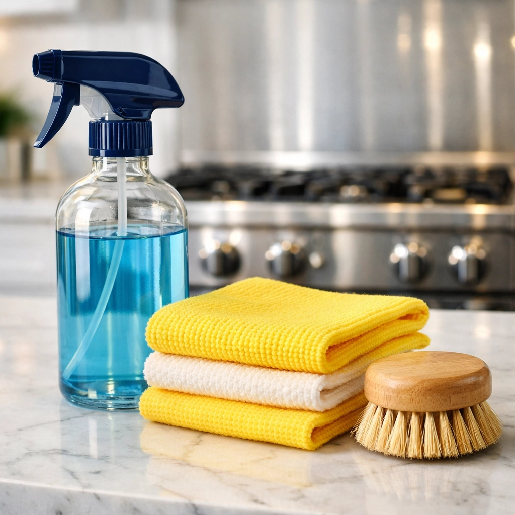Eco-friendly house cleaning Cambridge MA supplies and microfiber cloths on a clean marble countertop.