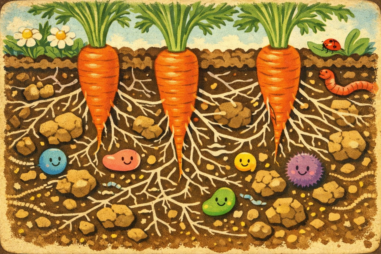 Underground soil cross section showing carrot roots, mycorrhizal symbiosis, microbial interactions, and soil aggregates