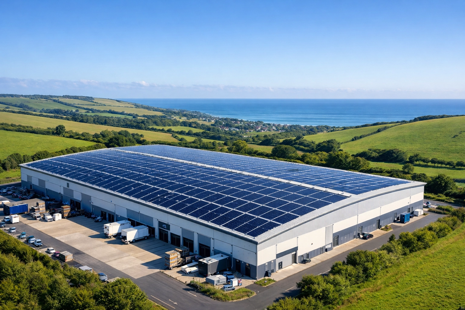 Commercial solar panel installation on a Dorset industrial warehouse roof to improve business energy efficiency.