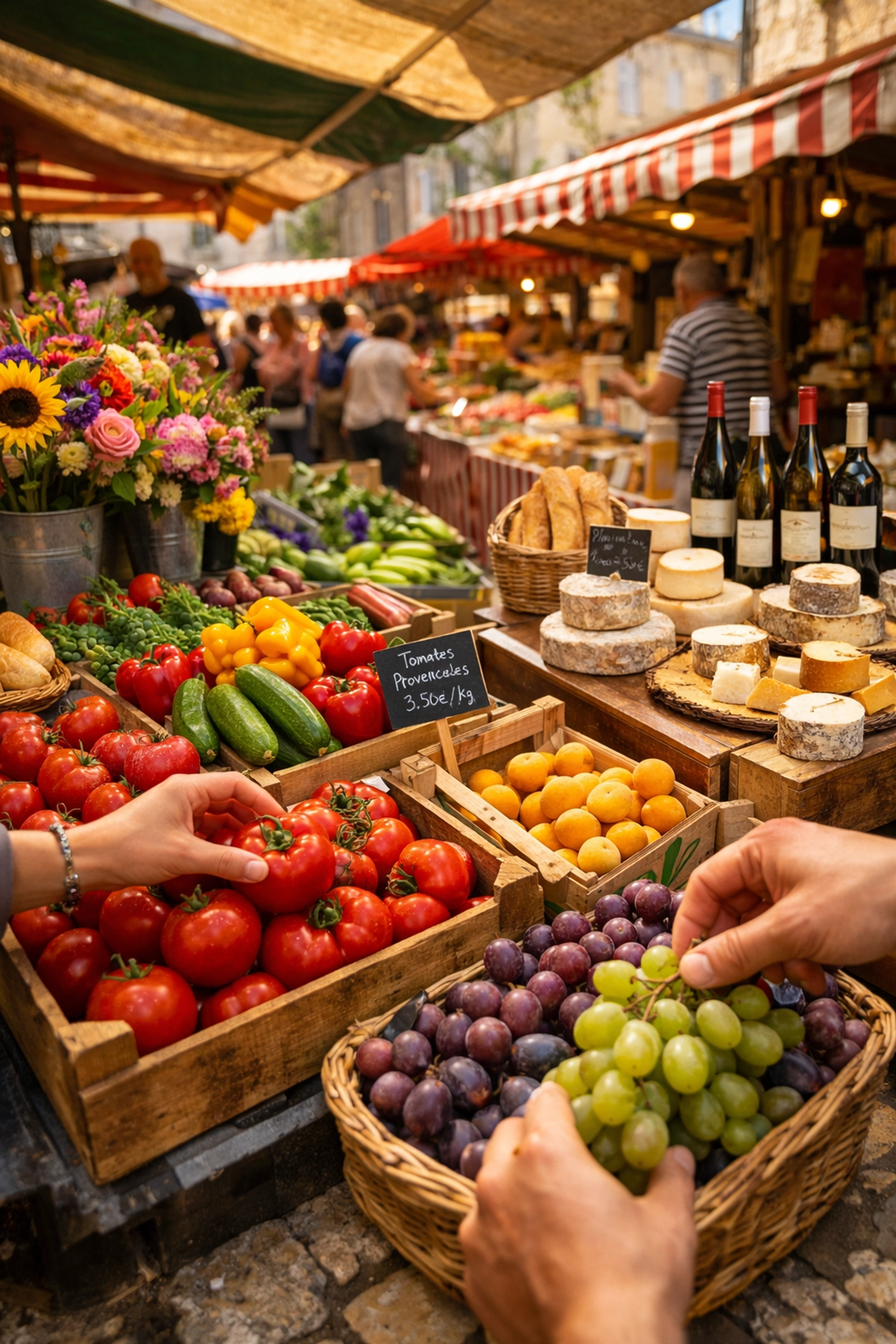 Mercado francés tradicional con productos locales y flores frescas