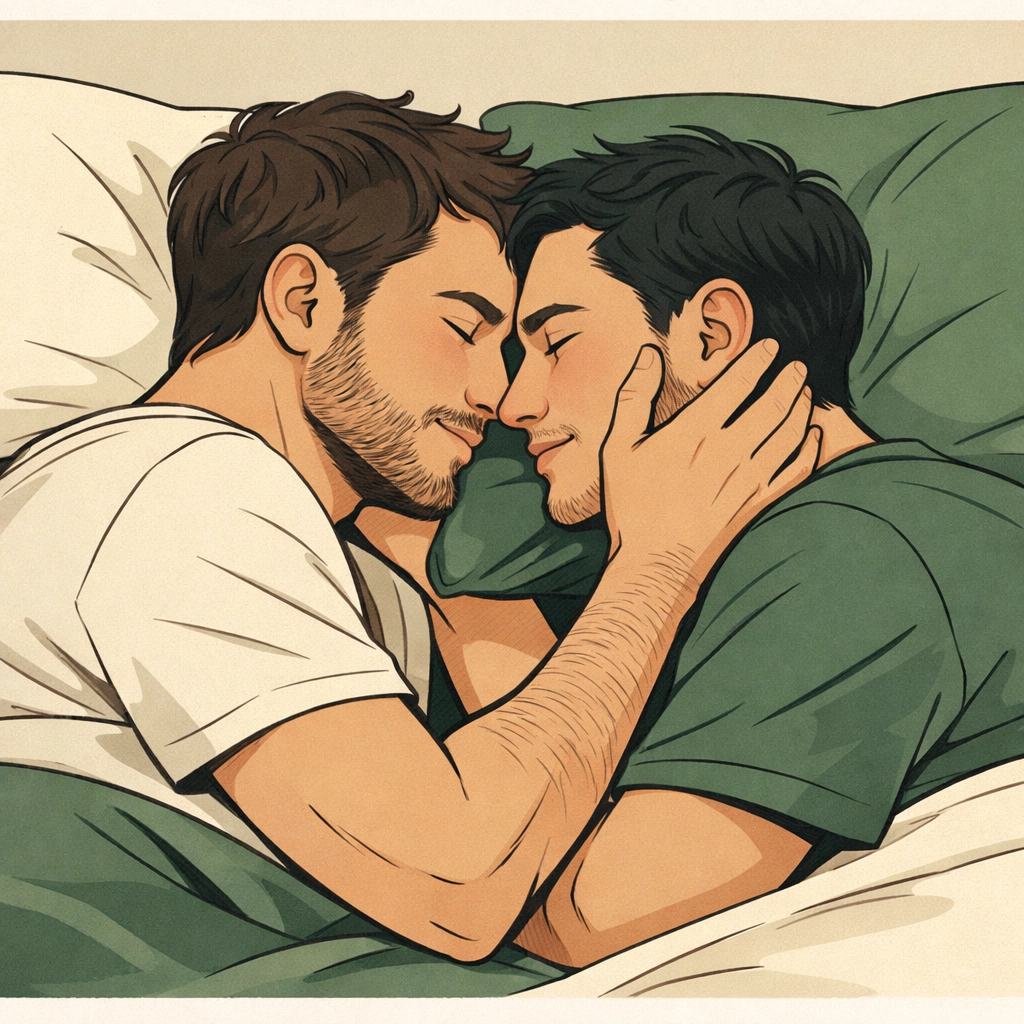 Two men sharing secrets and pillow talk in bed, highlighting the emotional intimacy of gay love stories.