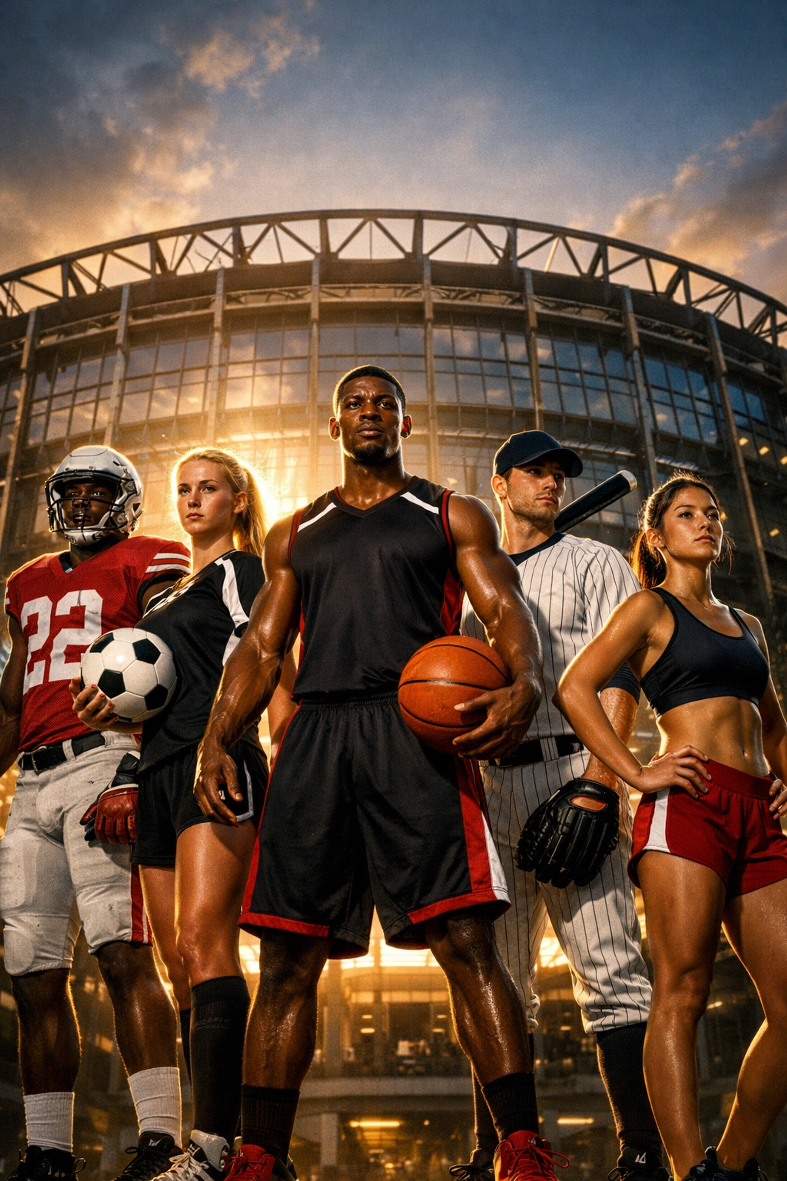 Diverse college athletes posing for an NIL branding campaign in front of a modern sports stadium.