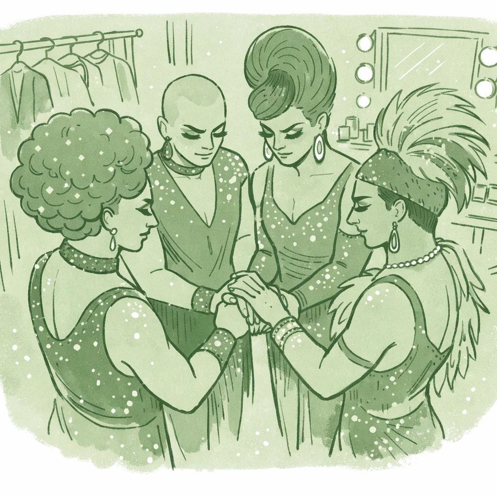 Drag performers holding hands in pre-show solidarity circle backstage before performance