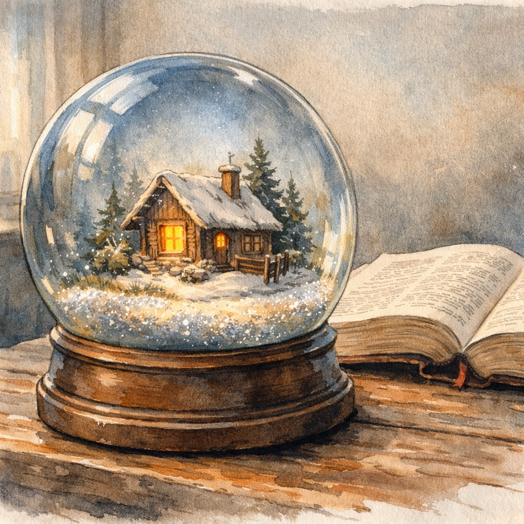 A peaceful morning devotional scene with an open Bible and a calm, settled snow globe.