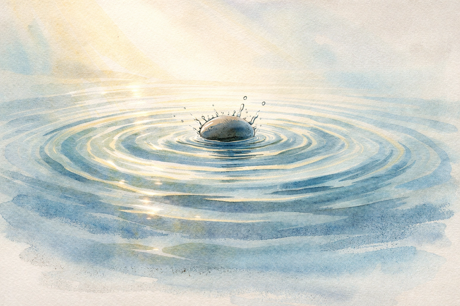 Watercolor illustration showing a pebble creating ripples in still water, symbolizing the ripple effect of kindness in community life.