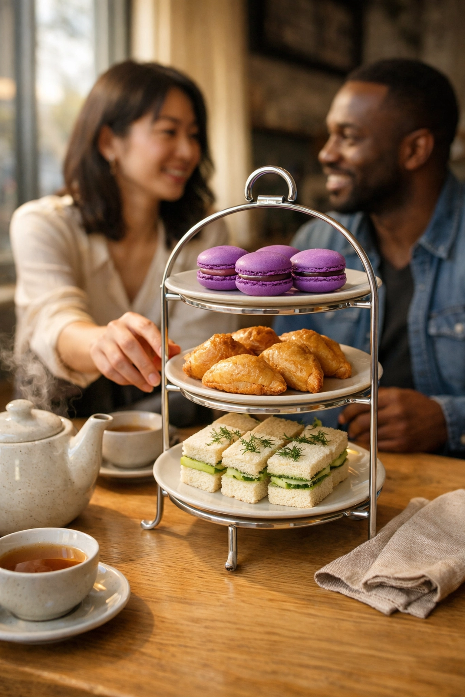 Asian-style afternoon tea stand in a Berkeley cafe with ube macarons, showing a 2026 menu development trend.