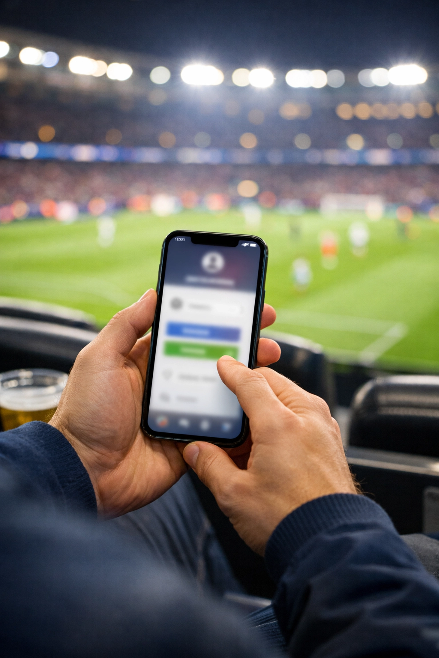 Fan using a smartphone app to navigate a smart entertainment venue via real-time IoT digital connectivity.