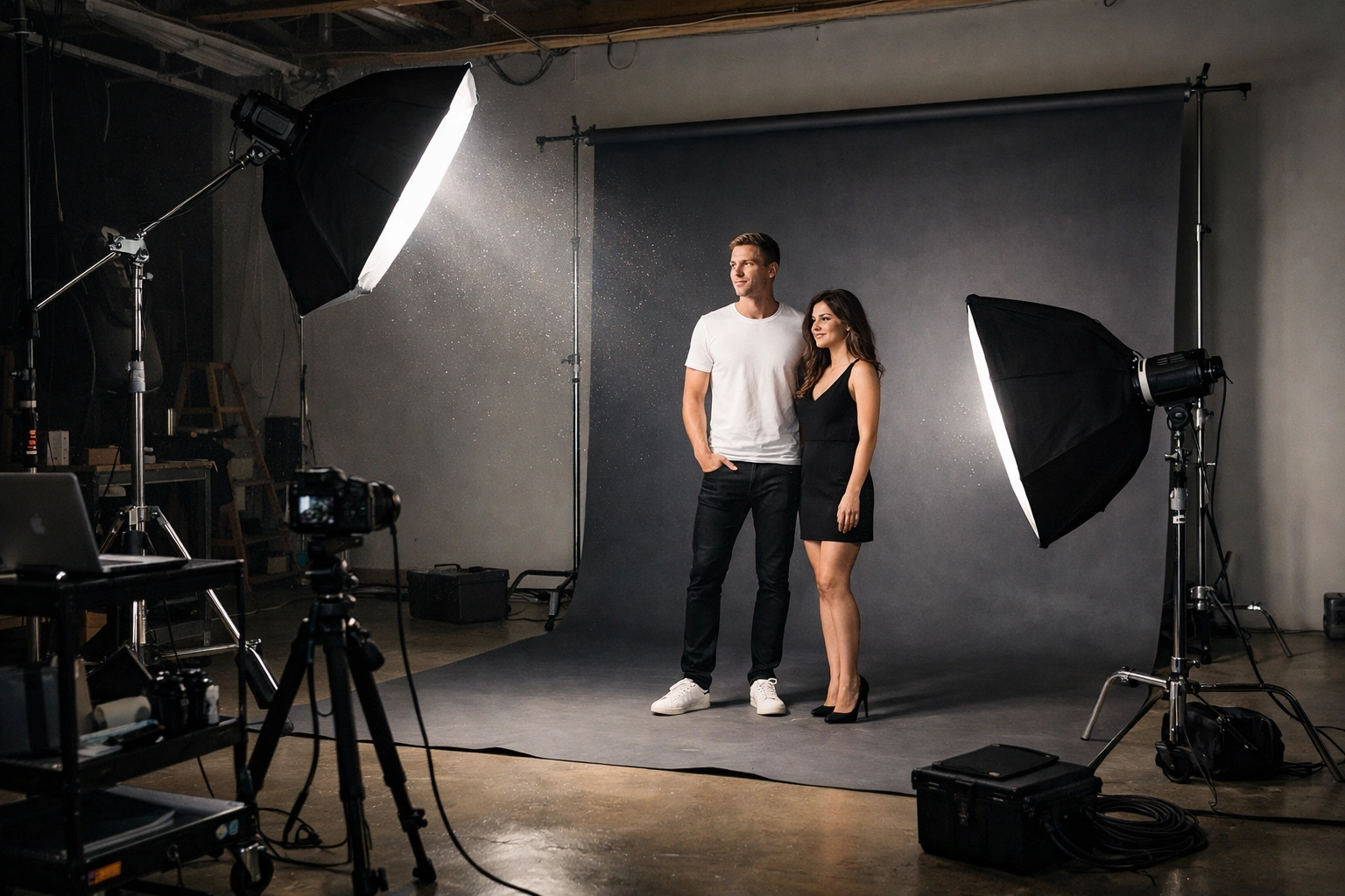 Professional photography studio setup with softbox lights for correct portrait photography techniques.