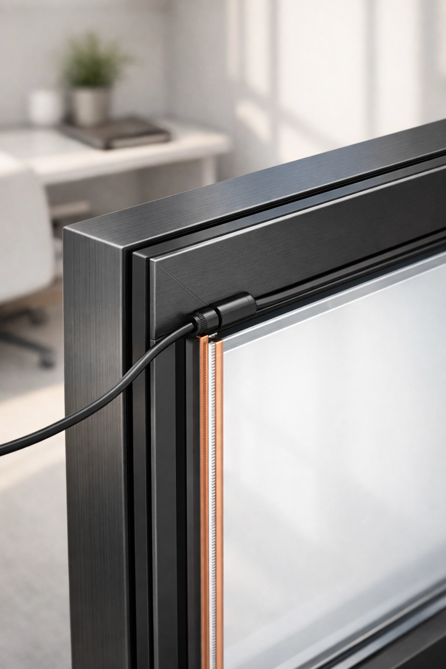 Detailed view of PDLC smart film electrical wiring and busbar for a window retrofit installation.