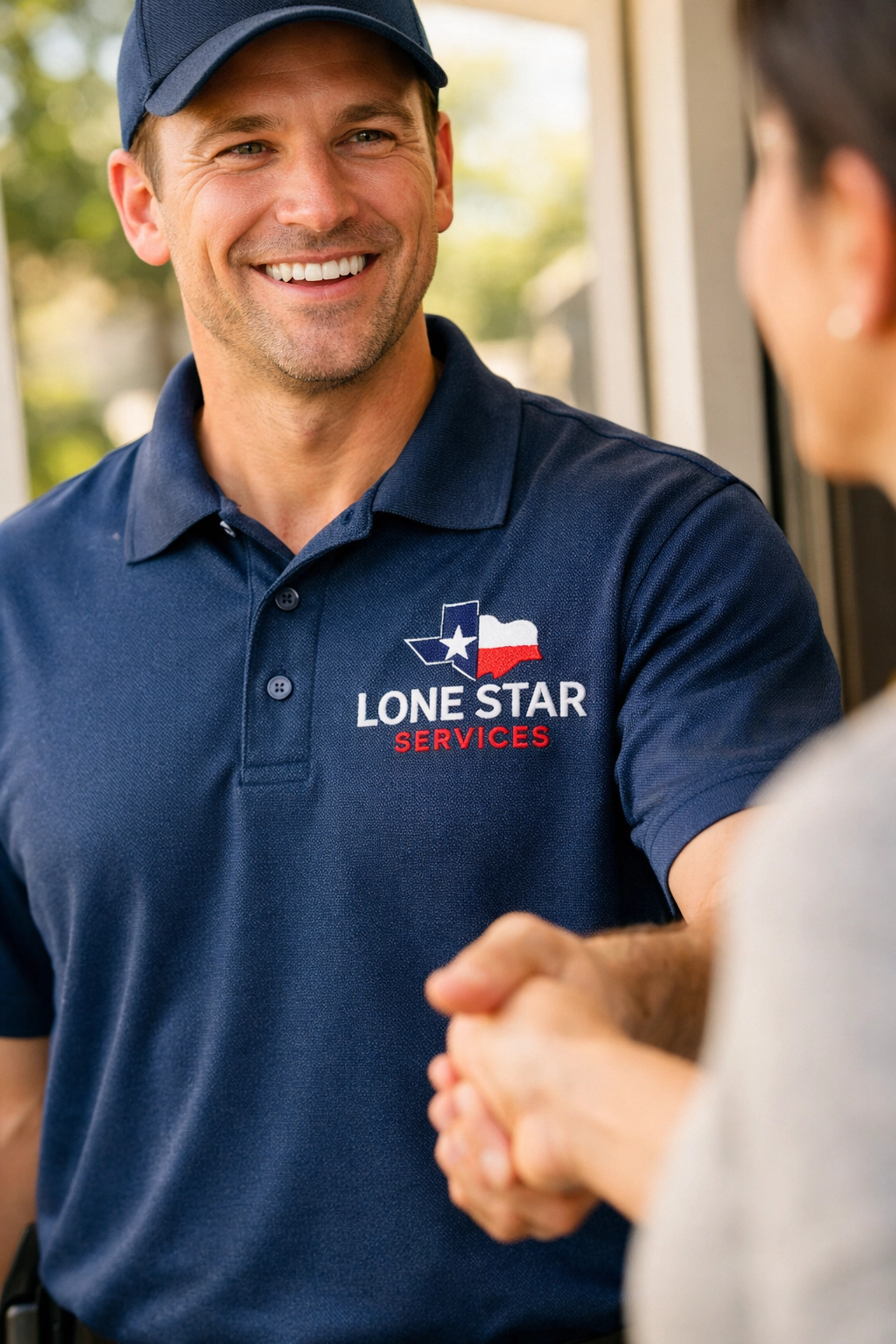 Professional service provider wearing a custom navy embroidered polo shirt in Dallas.