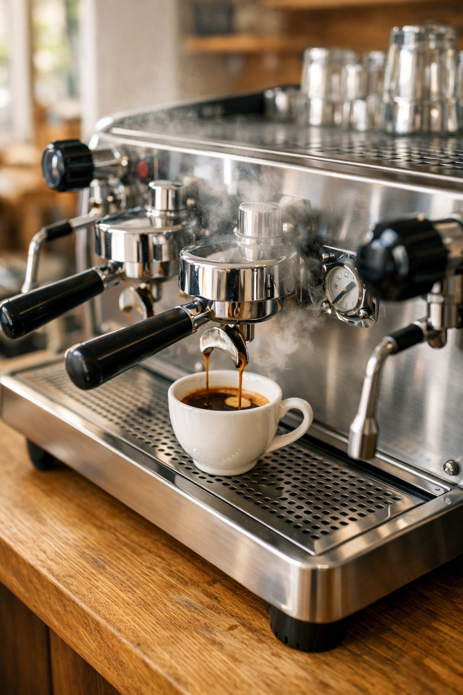 Commercial espresso machine on an oak counter, essential for those looking to start up a coffee shop.