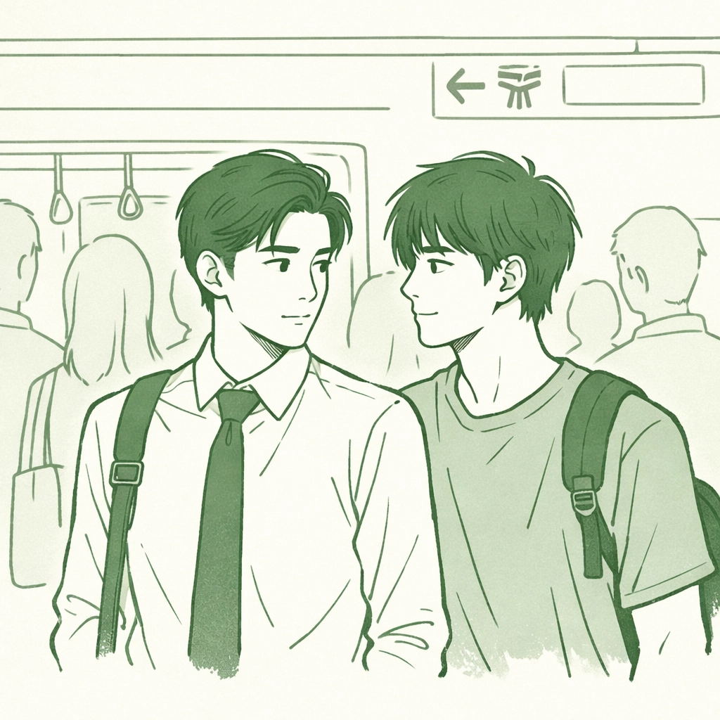 Two men share a stolen glance on Bangkok BTS platform in MM romance story