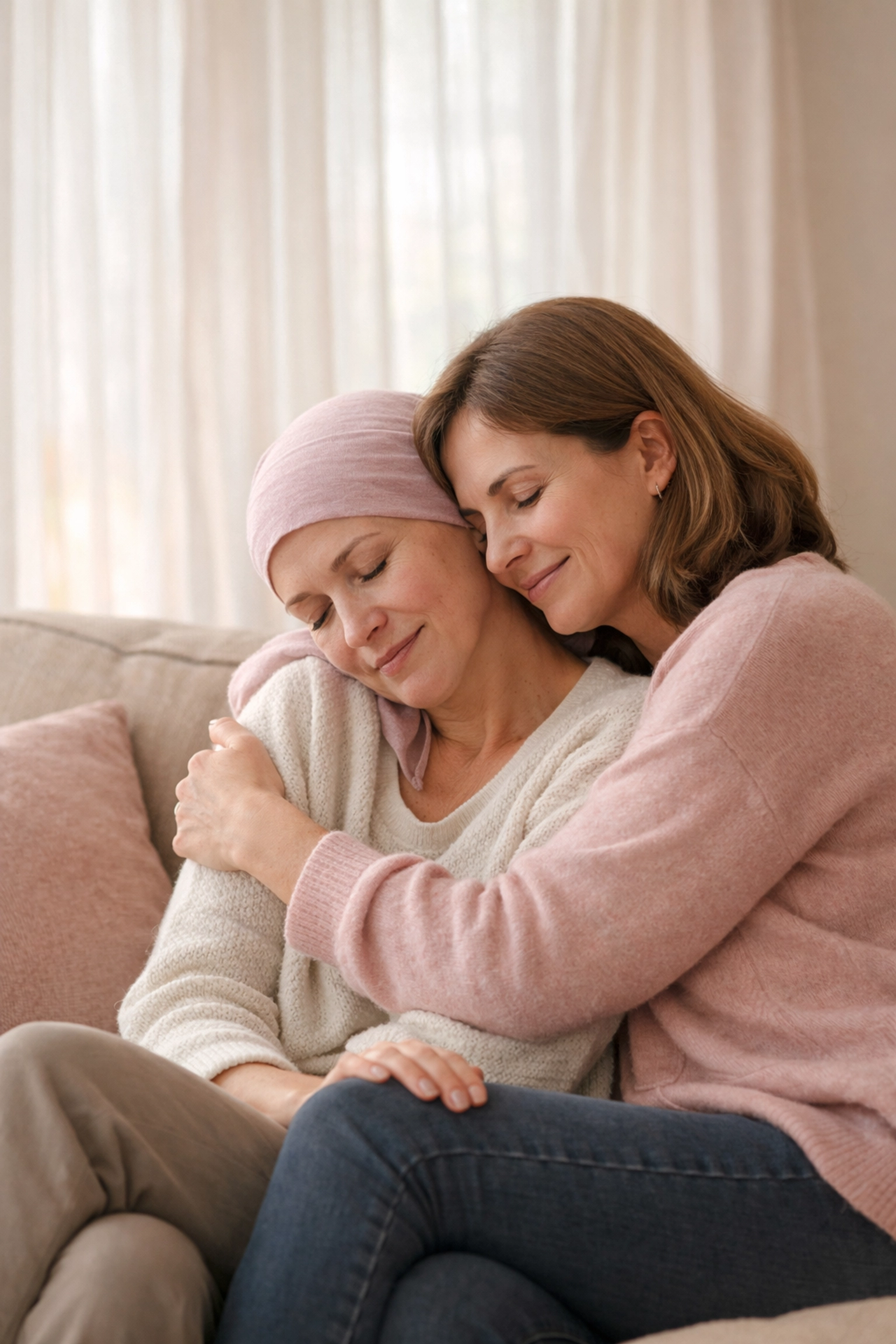 Breast cancer patient with caregiver friend sharing supportive moment together