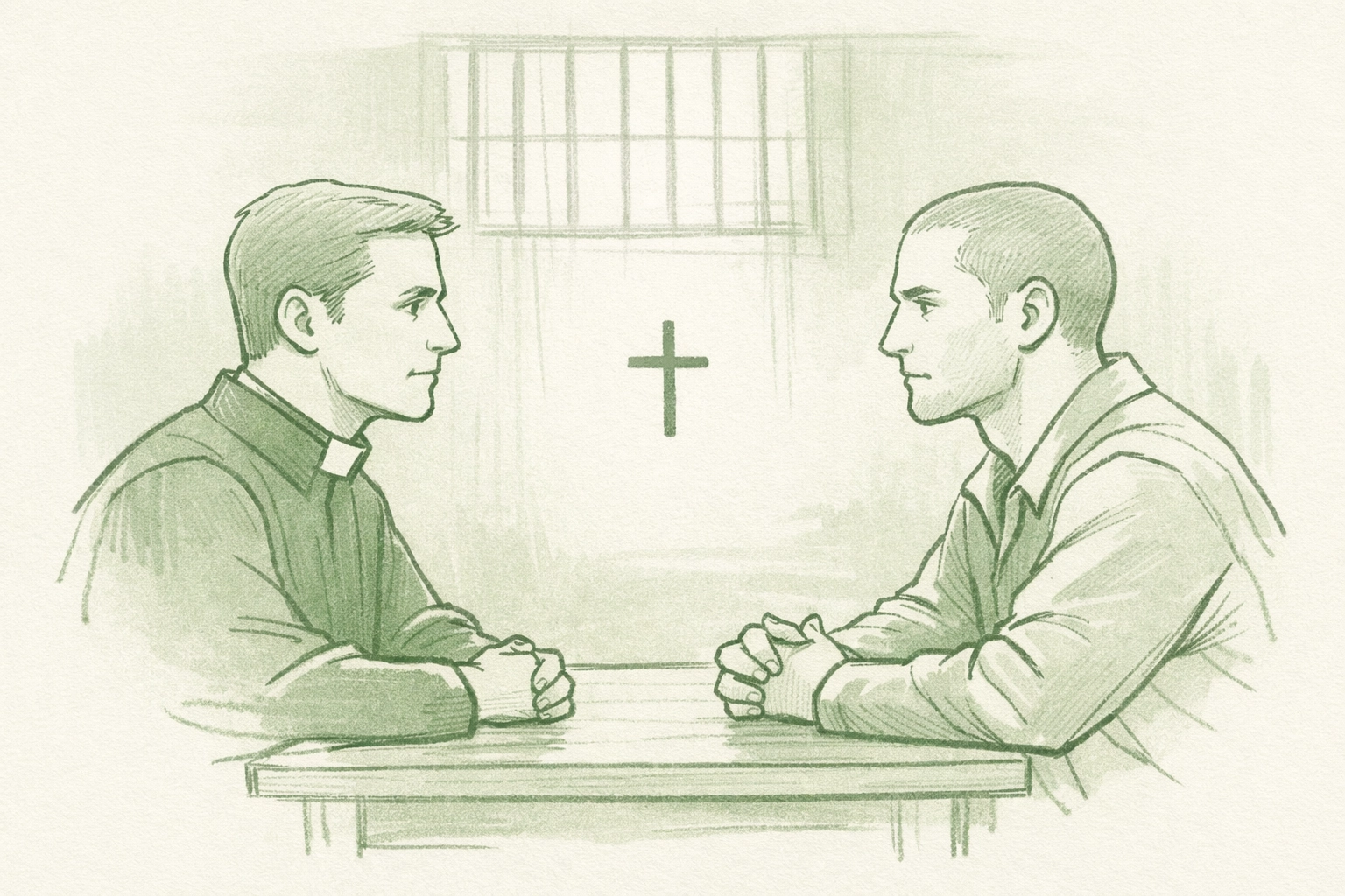 Prison chaplain and inmate face each other in chapel - MM romance exploring faith and forbidden love