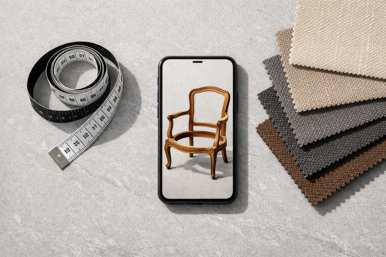Smartphone and measuring tape for easy furniture upholstery quotes and fabric selection.