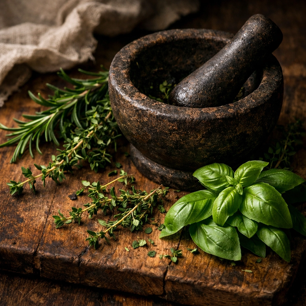 Fresh culinary herbs including rosemary, basil, and thyme with mortar and pestle for kitchen magic