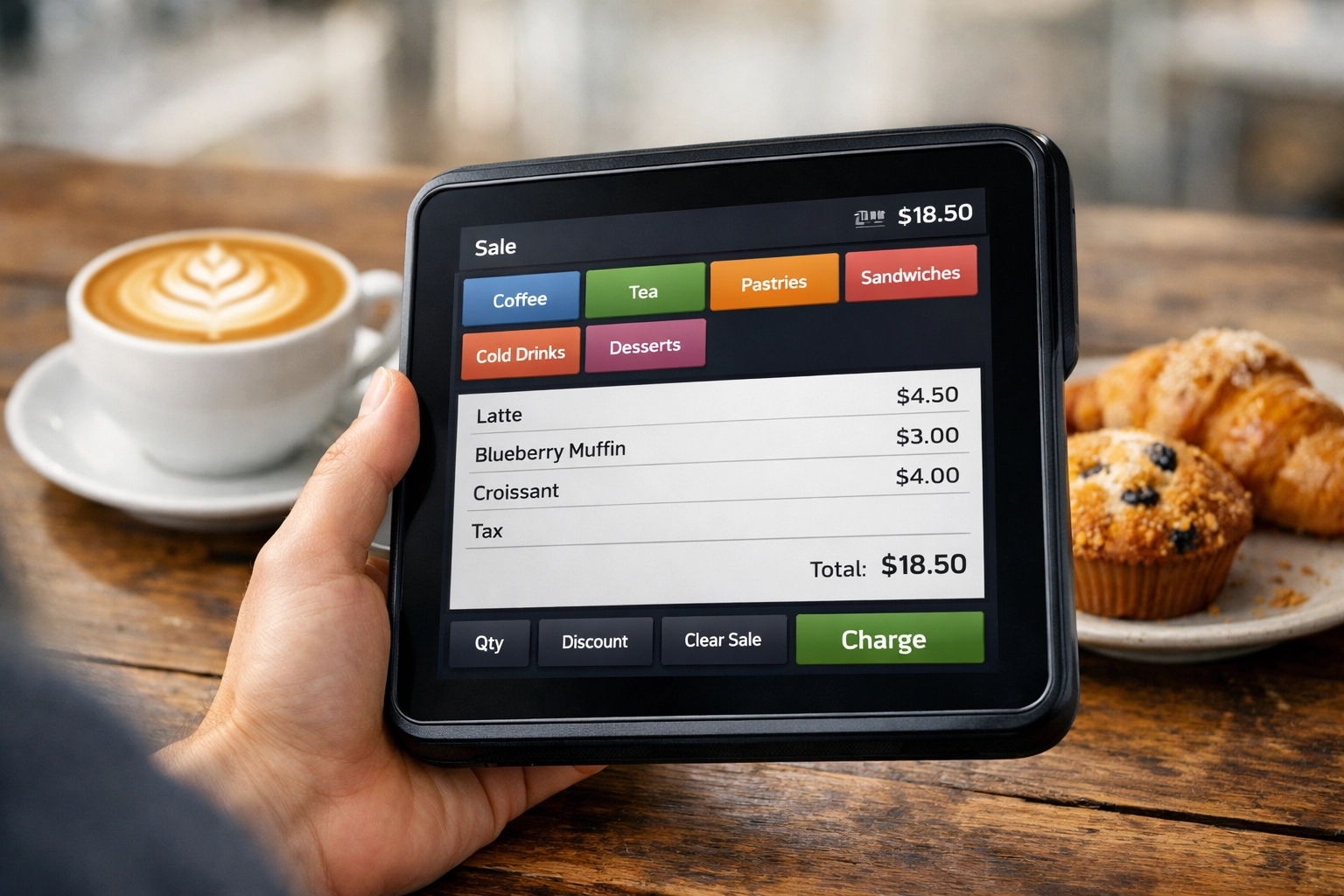 Staff member holding a sleek handheld restaurant pos system tablet in a modern UK cafe.