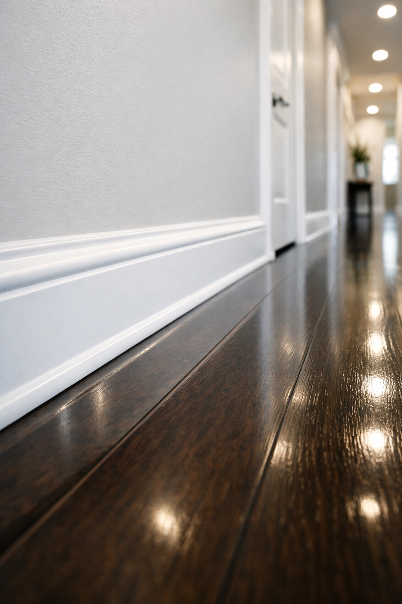 Close-up of polished hardwood floors and wiped baseboards in a clean Indianapolis residential unit.