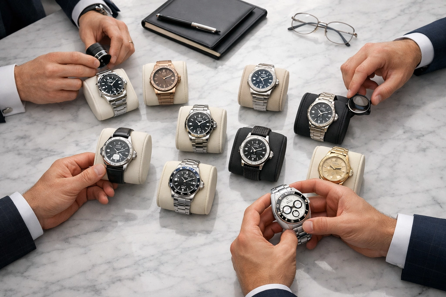 Professional dealers examining rare Rolex and Patek Philippe watches for authentication