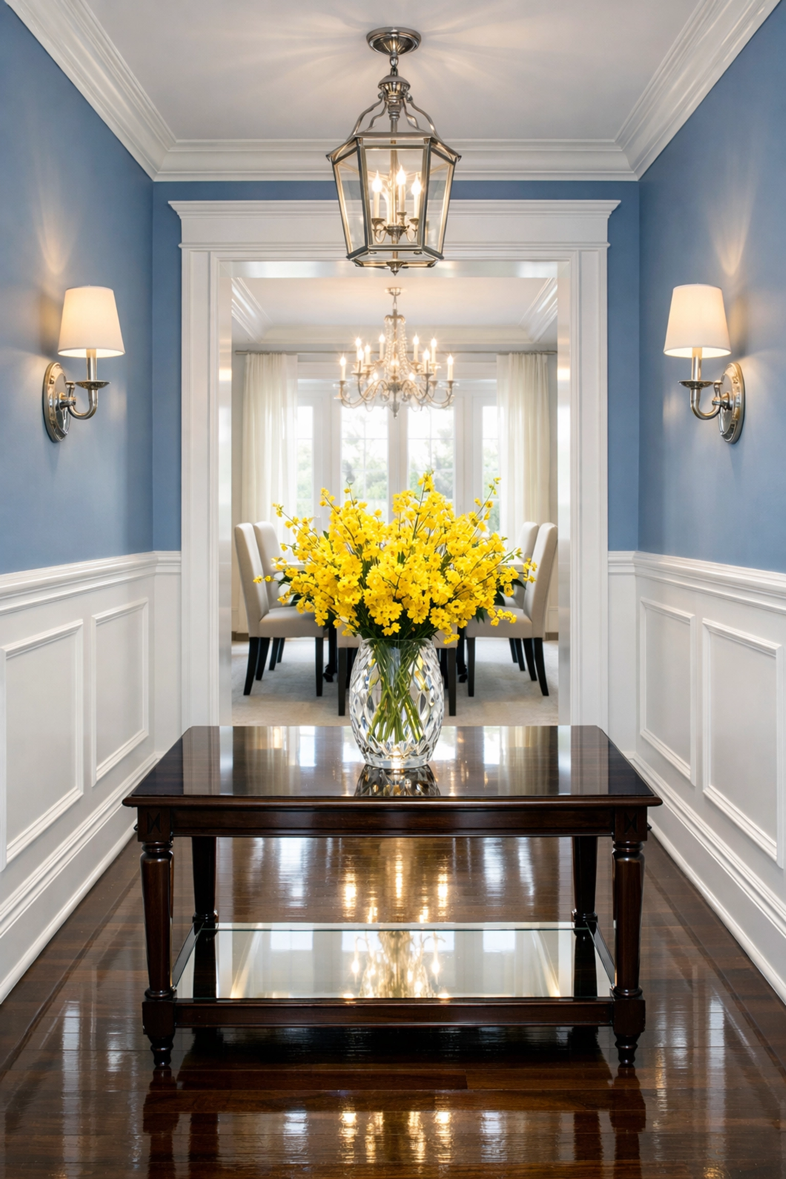 Sparkling clean hallway and dining room showcasing professional eco-friendly cleaning results.