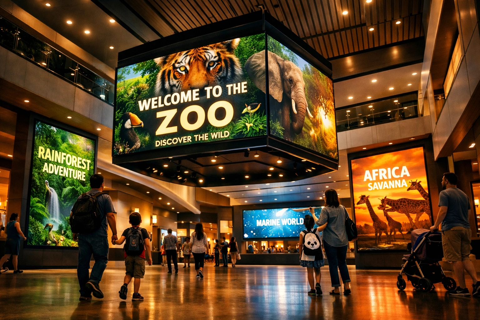 Modern venue advertising with digital screens and jumbotrons in visitor center