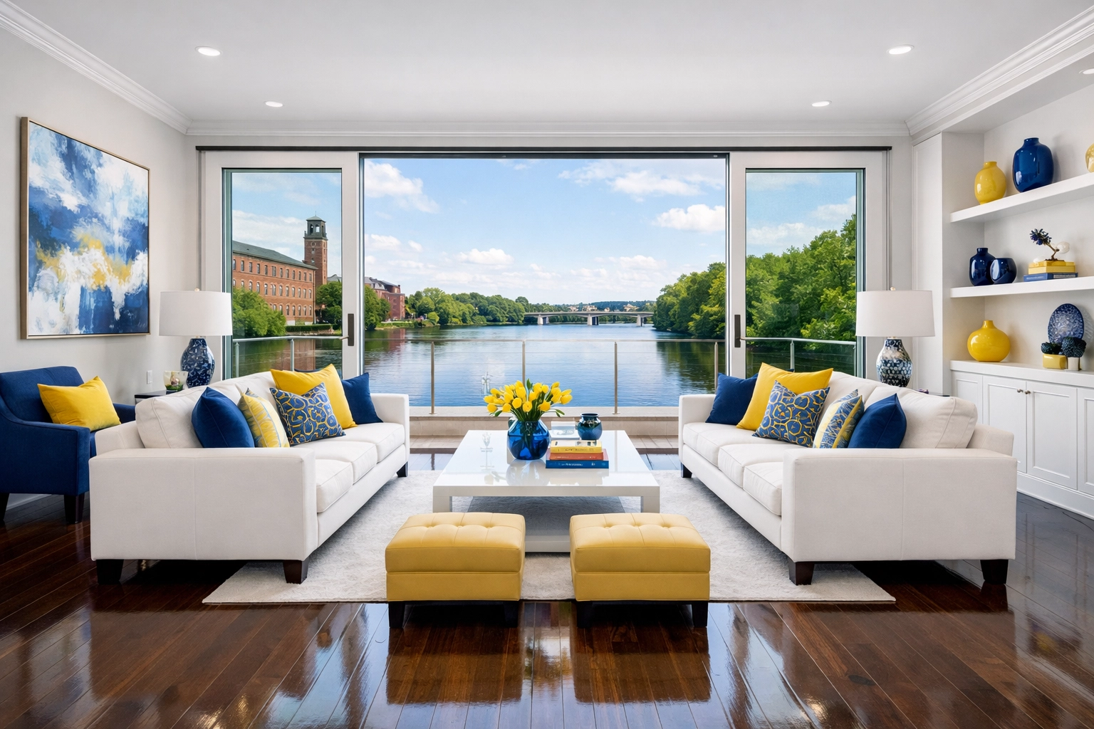 Sparkling living room after high-quality house cleaning Lowell MA with polished hardwood floors.
