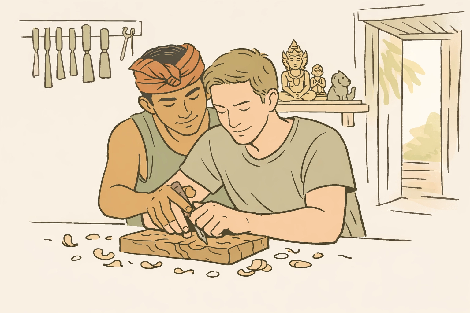 Gay couple learning traditional Balinese woodcarving together in workshop
