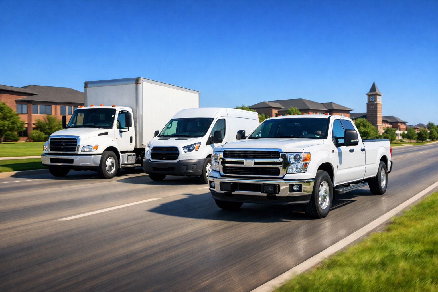 A fleet of commercial service vehicles driving reliably through Prosper TX after professional maintenance.