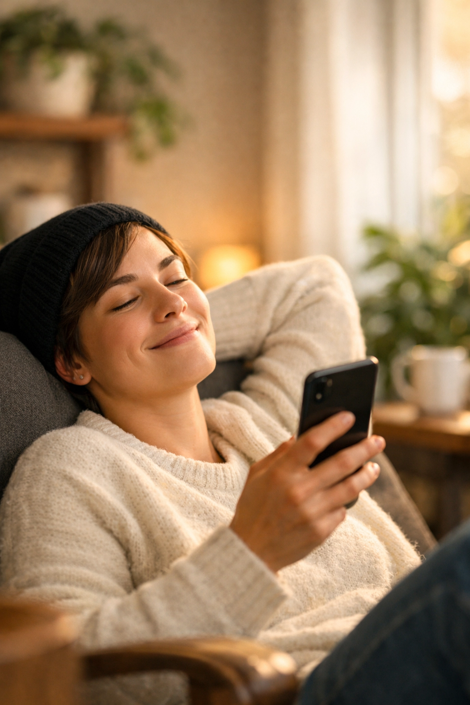 Relieved Canadian resident smiling at their phone after securing an emergency loan canada.