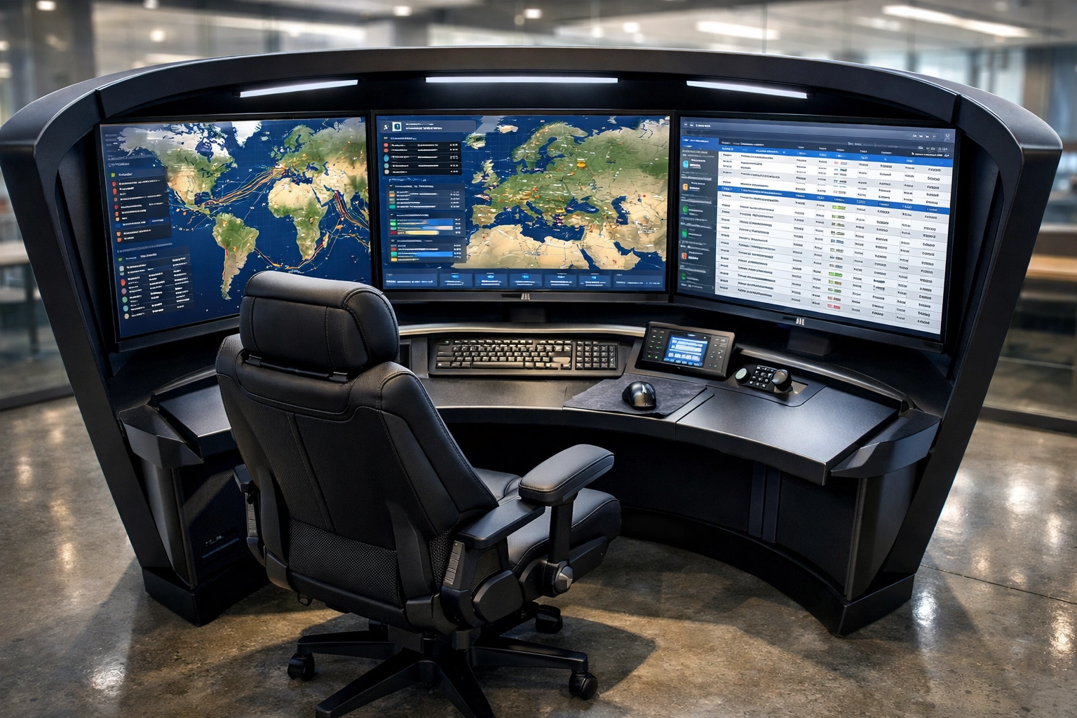 Advanced logistics cockpit pod setup for professional supply chain management training.