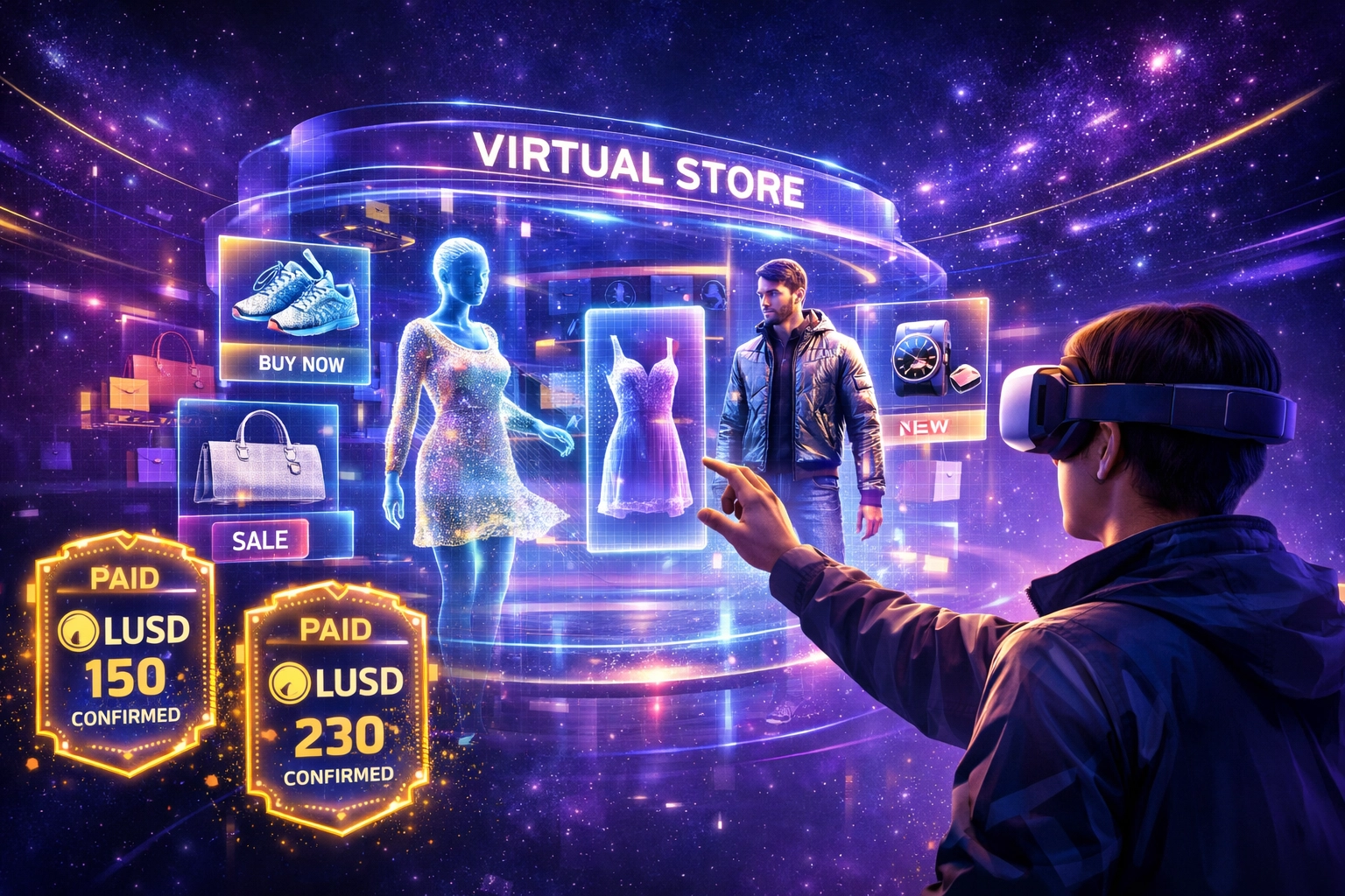 Virtual reality metaverse shopping with LUSD crypto payments and NFT receipts