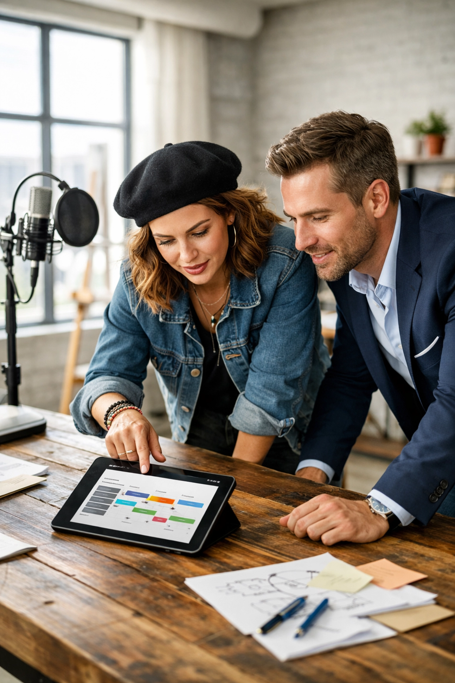 An artist and a music marketing agency strategist collaborating on a digital growth plan in a modern creative loft.